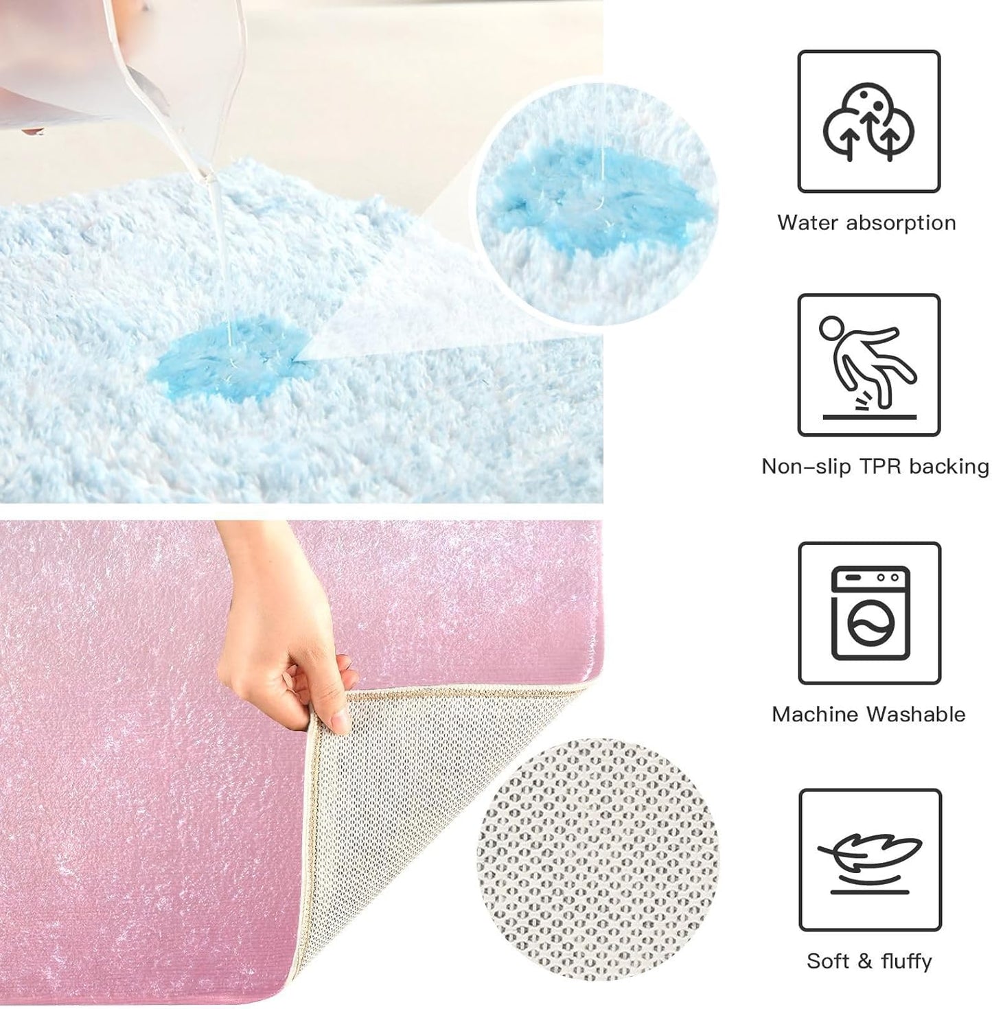 Minimalist Pink Plush Rectangle Bath Rug, Soft Absorbent Fluffy Bathroom Mat with Non Slip TPR Backing for Shower Sink Floor, 16 x 24 in