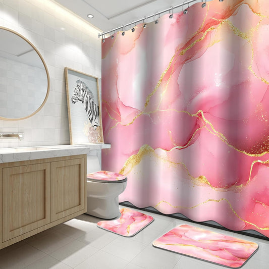 Lnond 4Pcs Bathroom Sets with Shower Curtain and Rugs, Pink Gold Marble Modern Art Shower Curtain Sets with Rugs and Accessories