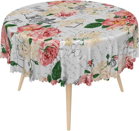 Modern Flowers Tablecloth 60 Inch Circle Vintage Style French Flower Seasonal Washable Wrinkle Free Spill Proof Polyester Wedding Birthday Round Table Cover for Dining Table Farmhouse Kitchen