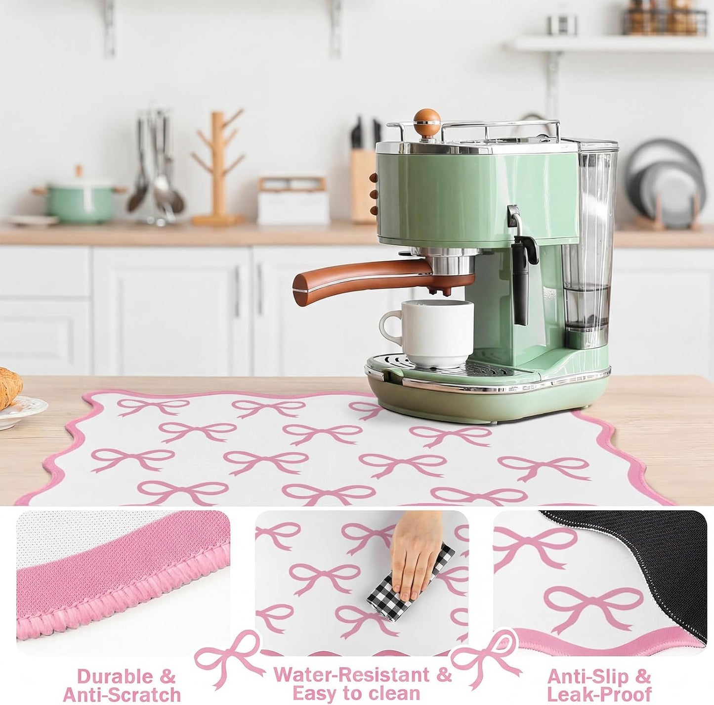 Drydiet Pink Bow Coffee Mat 12" x 19" Scalloped Bow Coffee Bar Mats Pink Dish Drying Pad for Kitchen Counter Coquette Kitchen Absorbent Dish Pad Cute Bar Countertop Accessories Decor