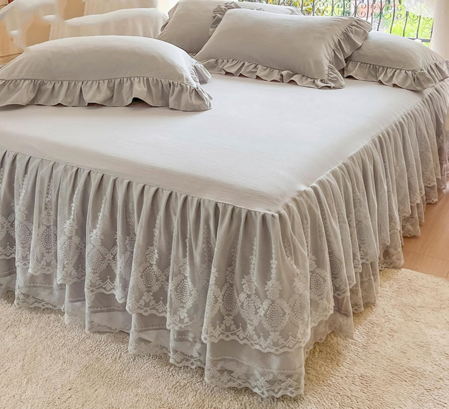 Romantic Summer Ruffled Bed Skirt with Sheet,Dust Ruffle Bedskirt with Two Lace Layers,17.7" Drop