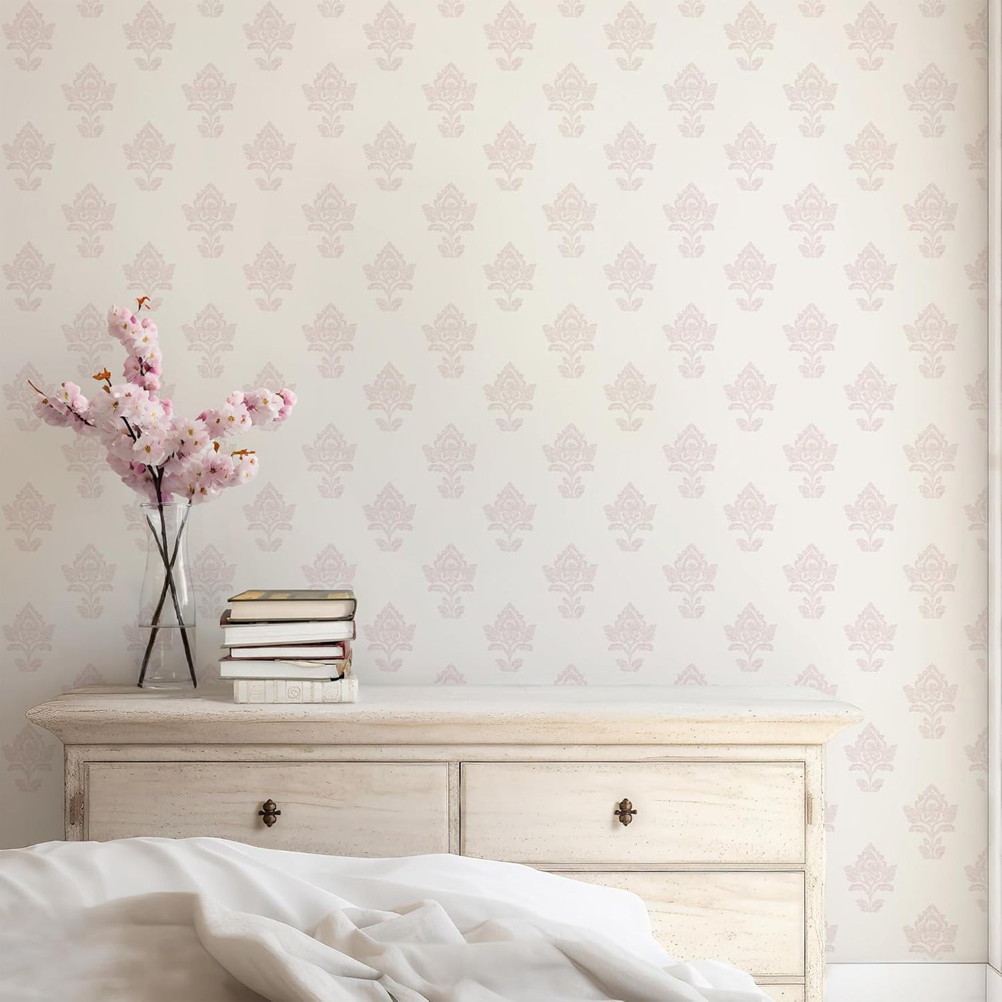 RollsRolla Girls Room Wallpaper Peel and Stick, Dusty Pink Block Print Floral on Cream, Non-Woven Canvas Fabric Removable Wall Paper for Bedroom Powder Room, 16.5 in x 120 in