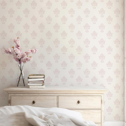 RollsRolla Girls Room Wallpaper Peel and Stick, Dusty Pink Block Print Floral on Cream, Non-Woven Canvas Fabric Removable Wall Paper for Bedroom Powder Room, 16.5 in x 120 in