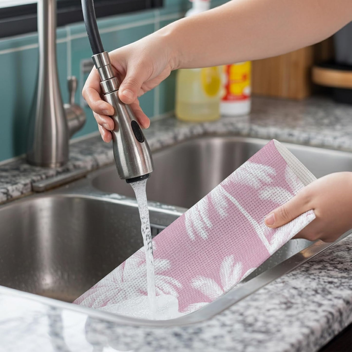 Peach Pink Palm Tree Placemats Set of 4, Washable PVC Kitchen Table Mats Place Mats, Summer Botancial Tropical Farmhouse Woven Vinyl Placemat for Dining Table, 13" x 19"