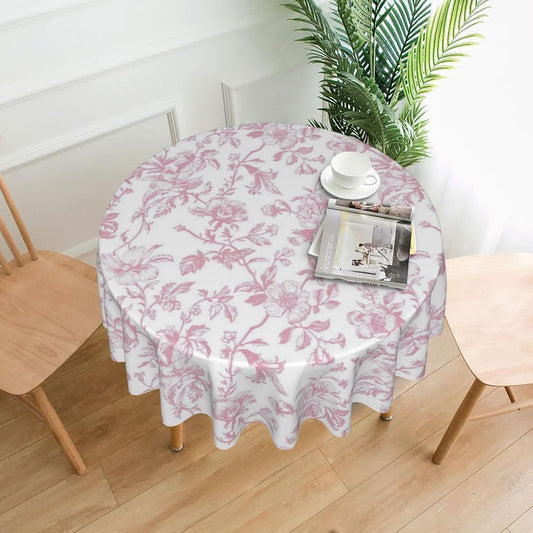 Pink Floral Round Tablecloth 70 Inch Chinoiserie Flower Toile Pink Table Cloth Vintage Polyester Fabric Farmhouse Round Floral Table Cover for Party Dining Picnic Kitchen Decor Indoor Outdoor