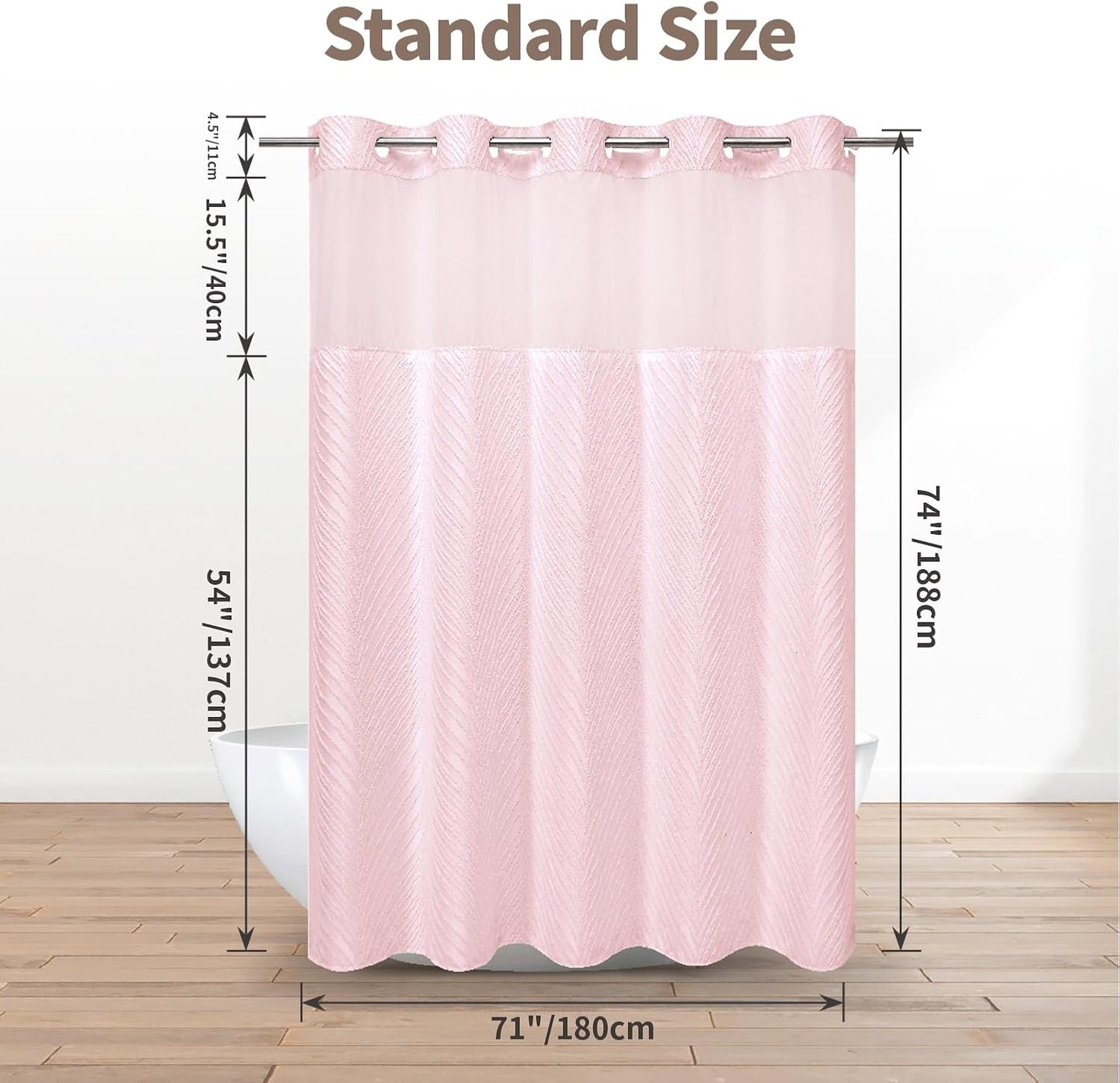 eachope no Hook Shower Curtain and Liner Set，Boho Style with See Through Top Window, Pink Fabric Tufted Striped Textured Outer Curtain & Waterproof Inner Liner, Pink, 71Wx74H