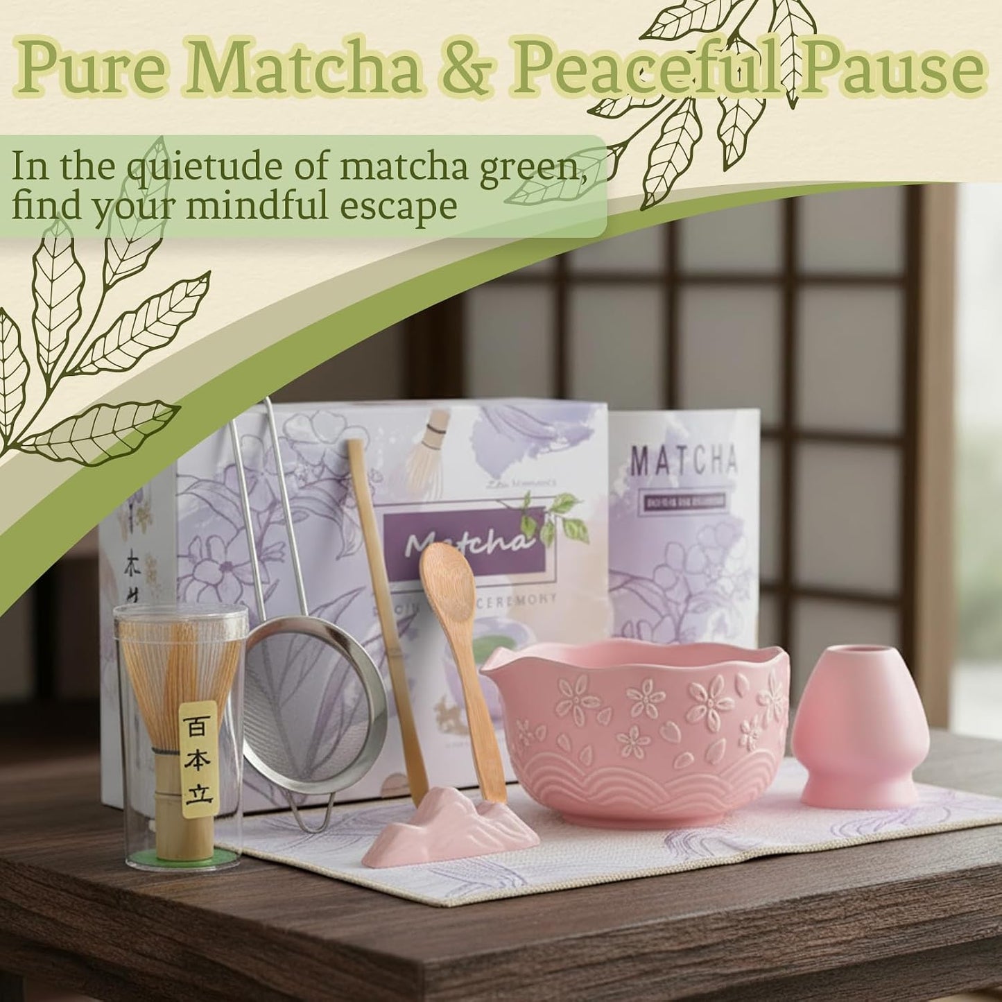 8 Pcs Matcha Whisk Set Chasen Matcha Whisk Bamboo Bowl with Spout Sifter Spoon Scoop Whisk Holder Bamboo Mat Complete Matcha Making Kit (Pink Cherry)