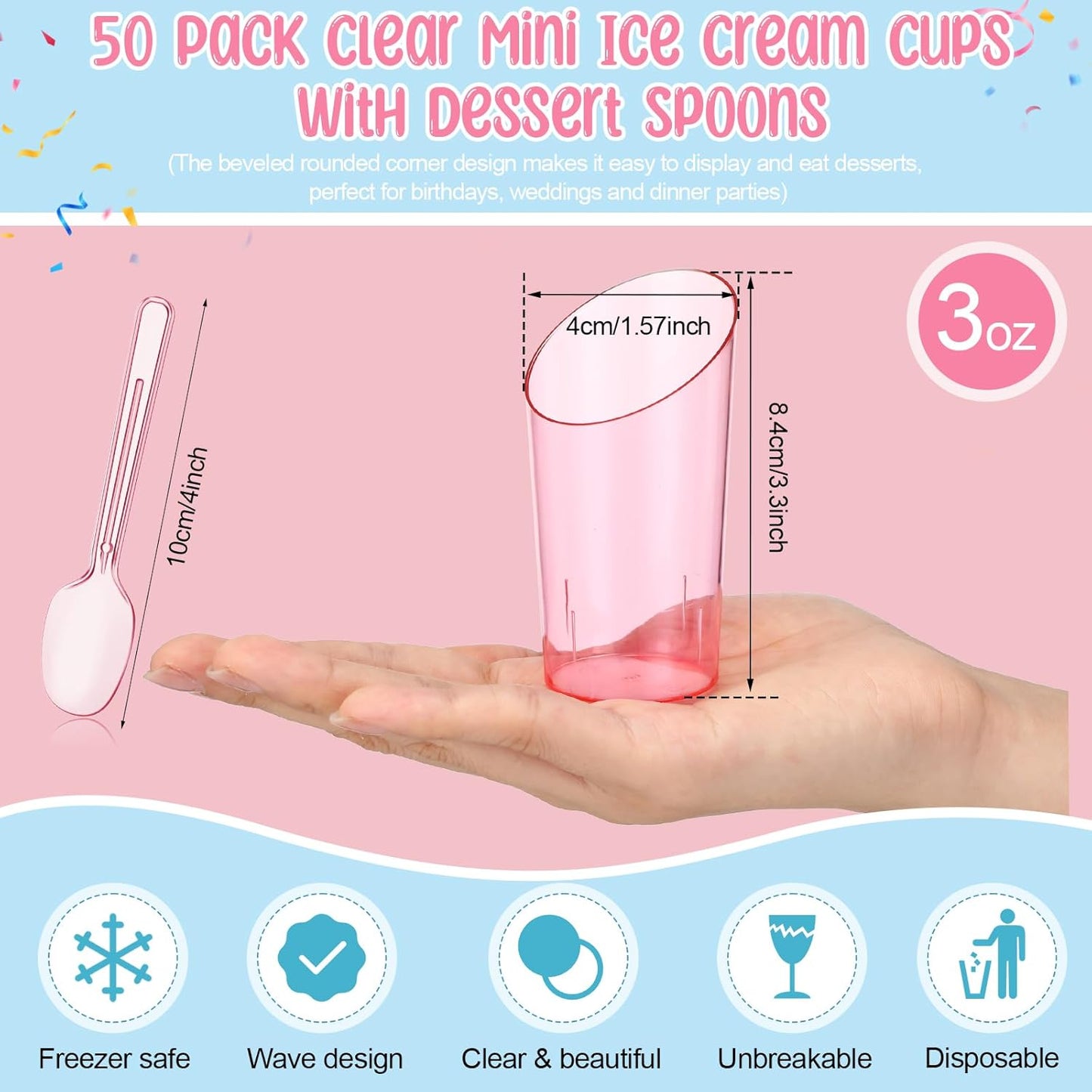 Newtay 50 Pcs 3oz Mini Slanted Dessert Cups with Spoons, Pink Ice Cream Cups for Graduation Party, Disposable Buffet Serving Bows for Birthday Wedding Brunch, Nuts Salad Snacks Yogurt