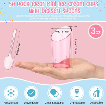 Newtay 50 Pcs 3oz Mini Slanted Dessert Cups with Spoons, Pink Ice Cream Cups for Graduation Party, Disposable Buffet Serving Bows for Birthday Wedding Brunch, Nuts Salad Snacks Yogurt