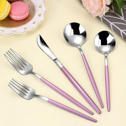 20-Piece Silverware Set With Pink Handle,LAZAHOME Stainless Steel Cutlery Set Service for 4,Kitchen Utensils Set Included Knife Spoon and Fork Set- Mirror Polished & Dishwasher Safe