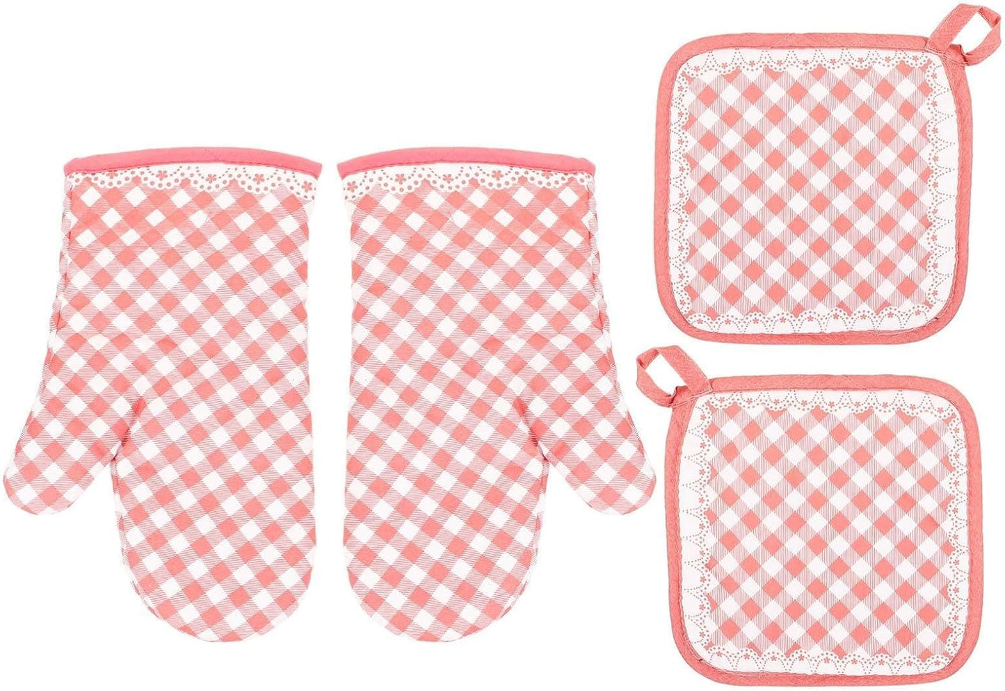 Heat Resistant Oven Mitts and Potholders Set Quilted Cotton Gloves with Lace Edge Non-Slip Cooking Gloves for Baking and Microwave Use 4pcs Pink