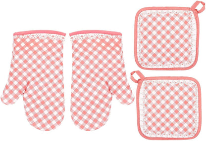 Heat Resistant Oven Mitts and Potholders Set Quilted Cotton Gloves with Lace Edge Non-Slip Cooking Gloves for Baking and Microwave Use 4pcs Pink
