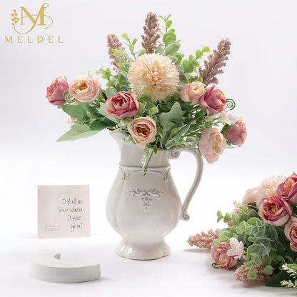 3Pcs Rose Bouquet Pink Artificial Flowers Eucalyptus Plants Fake Silk Flower Arrangements Wedding Bouquets Decorations Plastic Floral Table Centerpieces for Home Kitchen Garden Party Decor