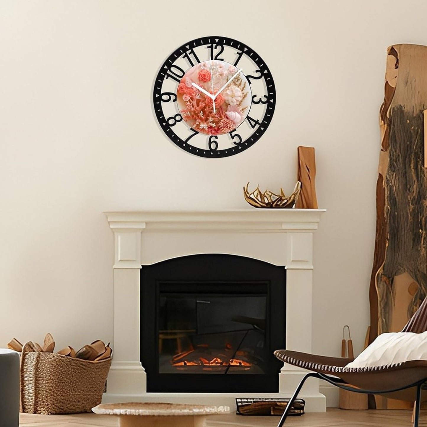 Metal Wall Clock for Living Room -10" Pink Coral Rose Seashell Arrangement Silent Non Ticking,Battery Operated, Antique Wood Clocks for Farmhouse,Dining Room,Bedroom,Kitchen Clock Wall Decor- Arabic N