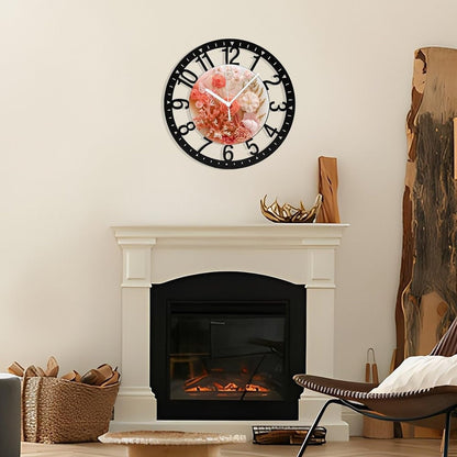 Metal Wall Clock for Living Room -10" Pink Coral Rose Seashell Arrangement Silent Non Ticking,Battery Operated, Antique Wood Clocks for Farmhouse,Dining Room,Bedroom,Kitchen Clock Wall Decor- Arabic N