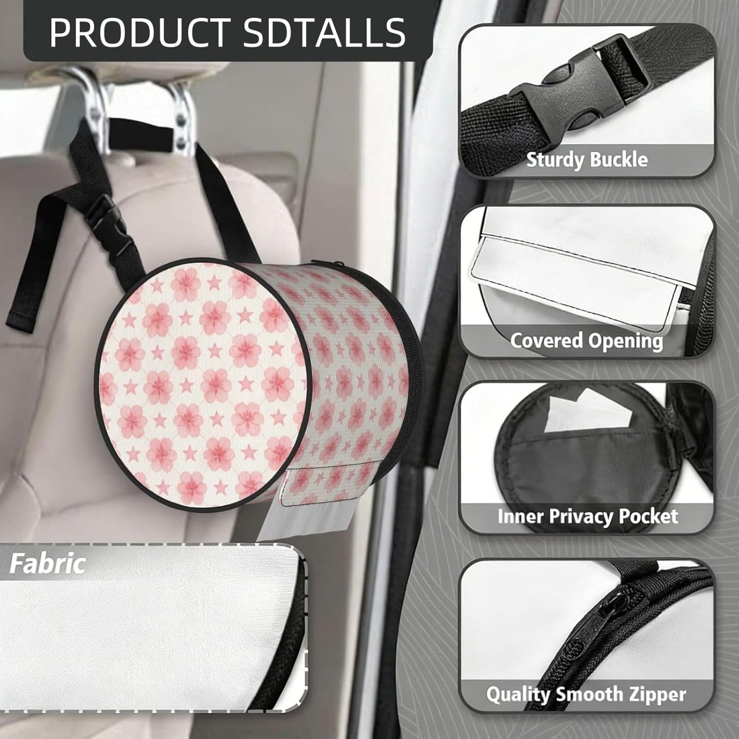 Round Tissue Holder Bag Car Hanging Tissue Boxes Cover with Adjustable Strap Foldable Roll Storage Bags with Zipper Tissues Case Organizer for Home Decor Toilet Office(Pink Flowers)