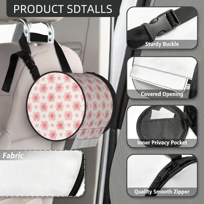 Round Tissue Holder Bag Car Hanging Tissue Boxes Cover with Adjustable Strap Foldable Roll Storage Bags with Zipper Tissues Case Organizer for Home Decor Toilet Office(Pink Flowers)