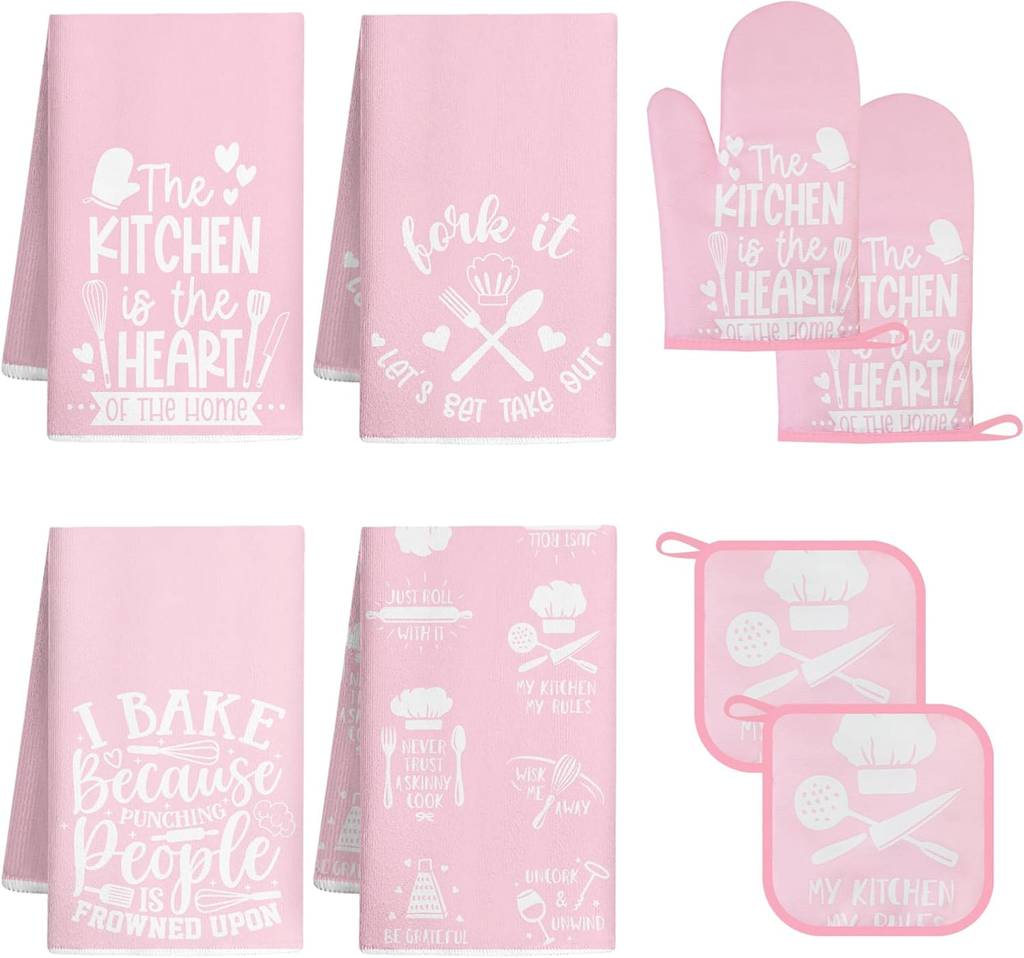 8 Pcs Pink Kitchen Decor Set 4 Pink Kitchen Dish Towels 2 Oven Mitt 2 Pot Holders for Kitchens Cooking Baking Spring Decoration Farmhouse Housewarming Accessories