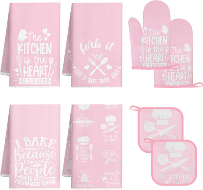 8 Pcs Pink Kitchen Decor Set 4 Pink Kitchen Dish Towels 2 Oven Mitt 2 Pot Holders for Kitchens Cooking Baking Spring Decoration Farmhouse Housewarming Accessories
