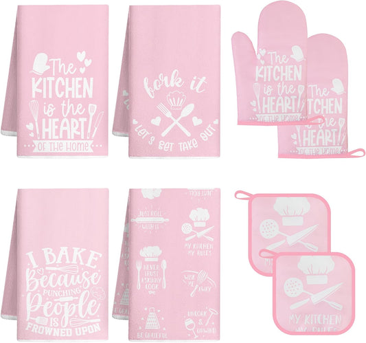 8 Pcs Pink Kitchen Decor Set 4 Pink Kitchen Dish Towels 2 Oven Mitt 2 Pot Holders for Kitchens Cooking Baking Spring Decoration Farmhouse Housewarming Accessories