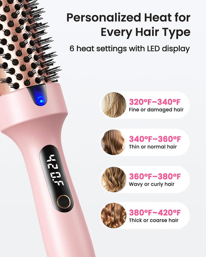 Thermal Brush, 1.5” Heated Round Brush for Dry Hair Styling, Smooths Frizz & Adds Shine, Blowout-Look Without Blow Dryer, Dual Voltage, 6 Heat Settings, Pink