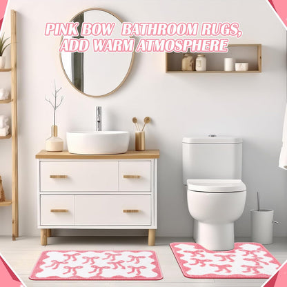 Nuanchu 3 Pcs Pink Bow Bathroom Rugs Set, Cute Bow Bath Mat Soft Non Slip Absorbent Coquette Bathroom Decor, Washable Bath Mat, U Shaped Toilet Rug for Bedroom, Living Home 31.5x20/ 24x22/ 24x17 Inch