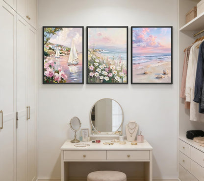 3Pcs 3D Textured Pastel Coastal Canvas Wall Art, Pink Beach Flower Posters Print Artwork, Preppy Summer Beach Painting Pictures Wall Decor, for Girls Dorm Apartment Home Decoration 12x16in Unframed