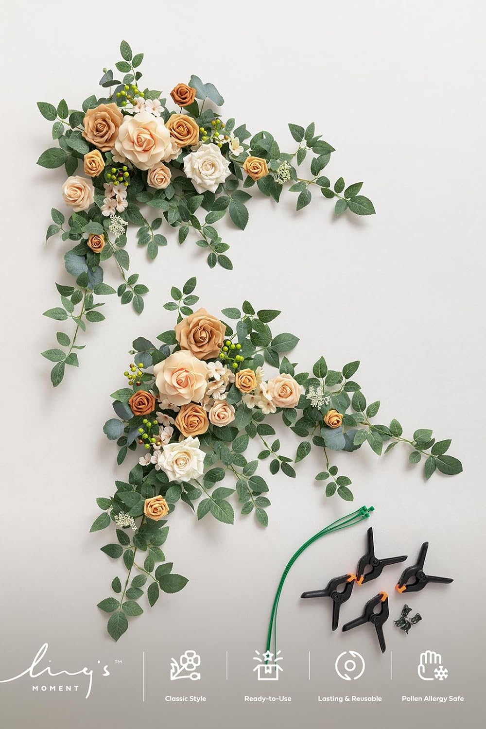 Ling's moment 2PCS Apricot Peach Artificial Flower Garland Wedding Arch Flowers Floral Swags Centerpieces Decoration Rose Greenery for Sweetheart/Head Table Easel Wall Entryway Board Backdrop