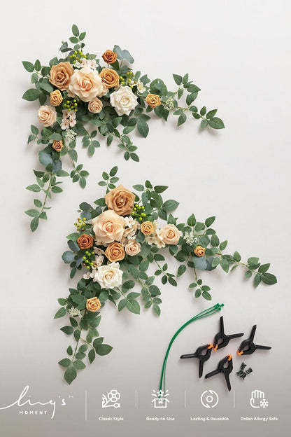 Ling's moment 2PCS Apricot Peach Artificial Flower Garland Wedding Arch Flowers Floral Swags Centerpieces Decoration Rose Greenery for Sweetheart/Head Table Easel Wall Entryway Board Backdrop