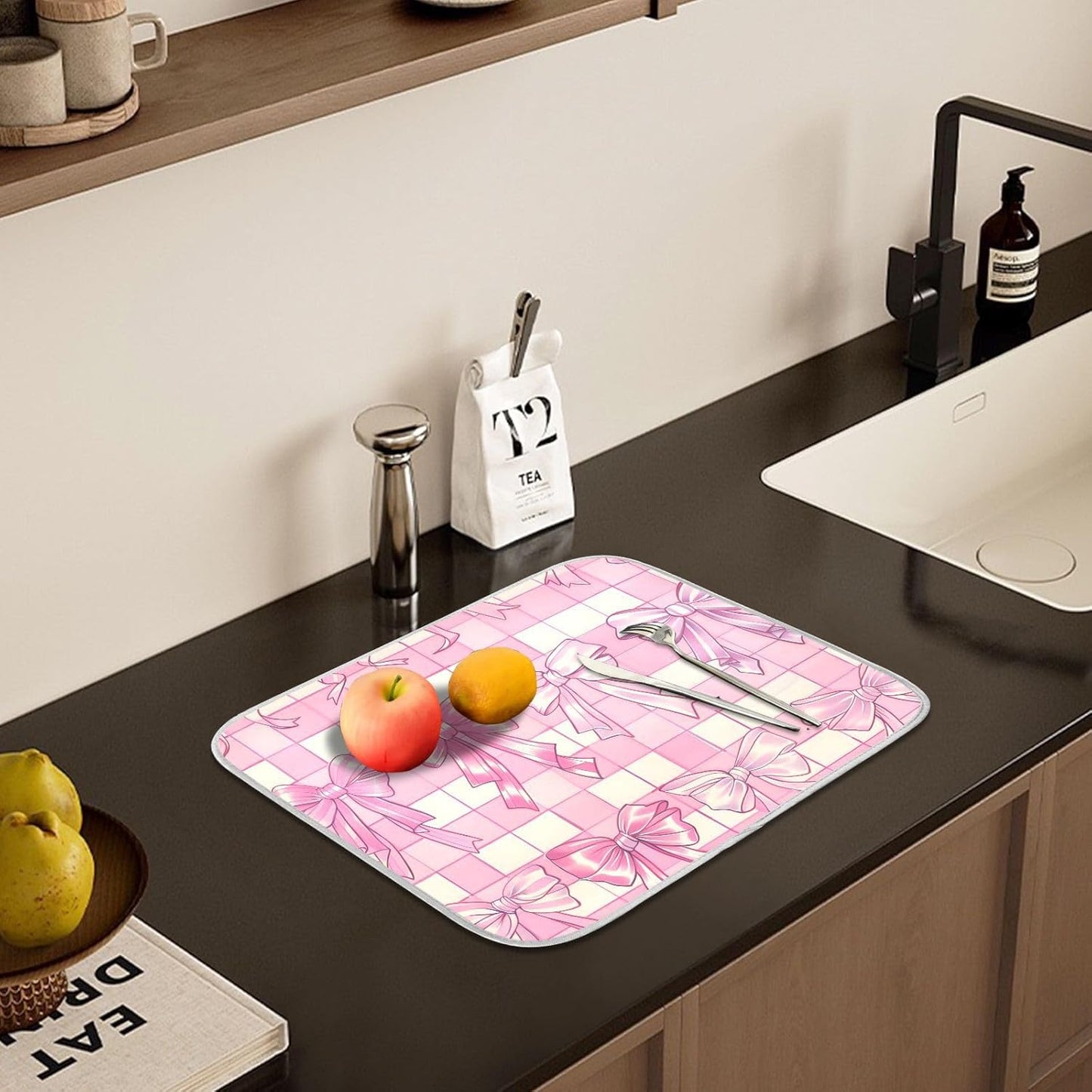 Pink Bow Dish Drying Mat, Absorbent Microfiber Kitchen Counter Mat, Dish Drying Pad for Dishes, 16"x18"