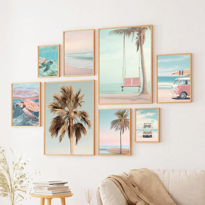 FYSUIMU 9Pcs Coastal Wall Art Prints Fresh Pink Tropical Summer Ocean Art Poster California Beachy Seascape Wall Decor for Gallery Living Room Bedroom (Unframed)