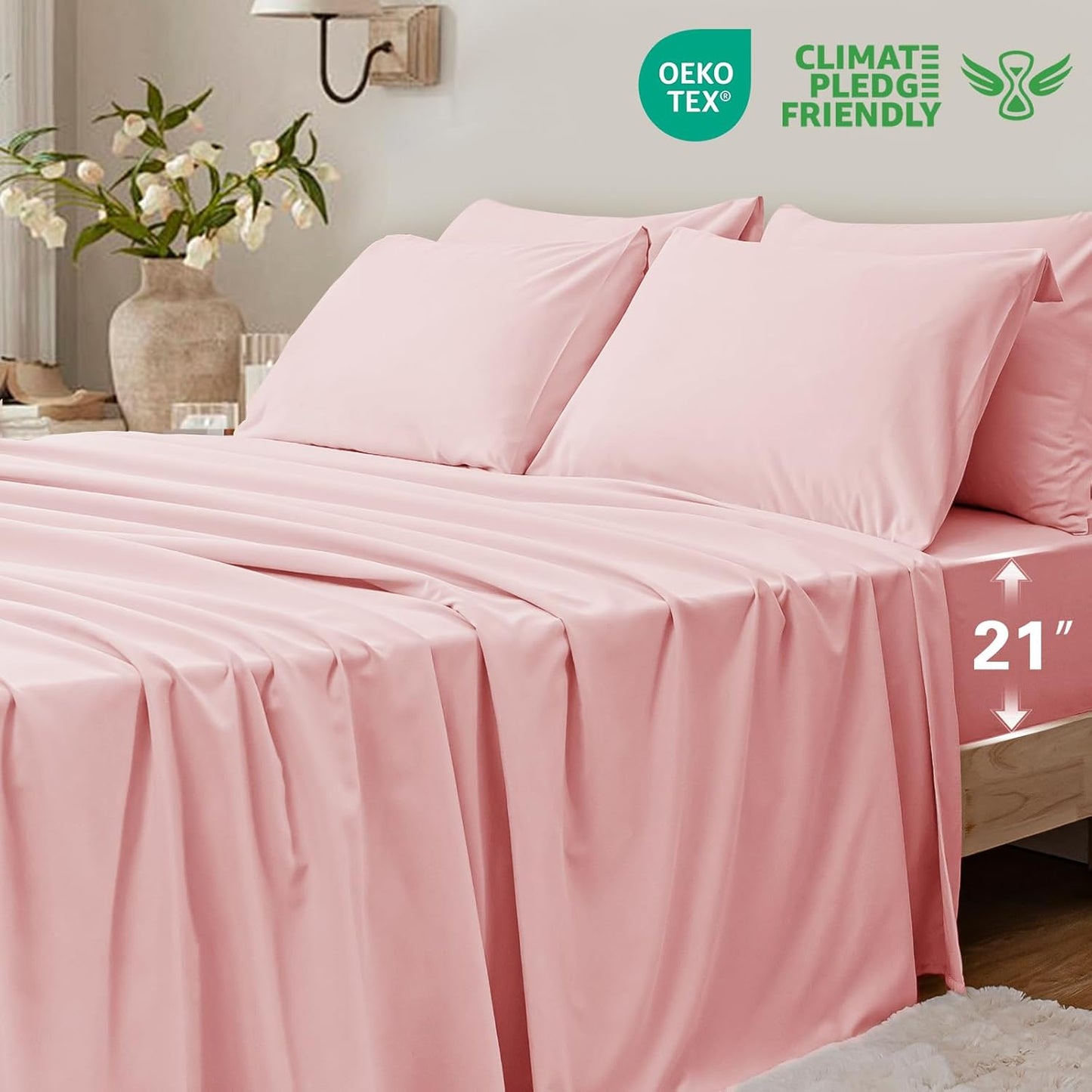 6 Piece Queen Sheet Set – Breathable & Cooling Bedding Set with 18-24 Inch Deep Pockets - 1 Flat & 1 Fitted Sheet & 4 Pillowcases（Queen Baby Pink