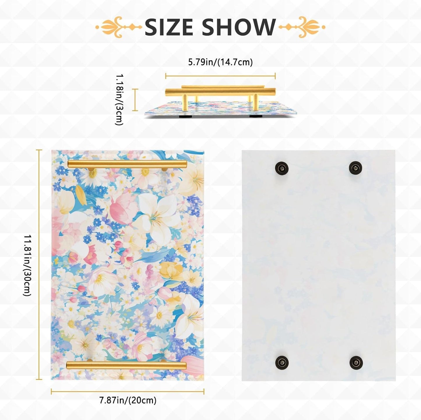 Pastel Pink Blue Floral Print Elegant Decorative Serving Trays with Handles Trays for Serving Food for Jewelry Perfume for Kitchen Serving bandeja para servir Cafe Elegante