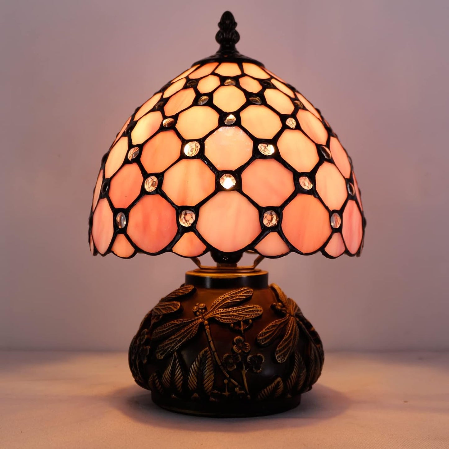 WERFACTORY Small Tiffany Lamp Desk Pink Stained Glass Pearl Bead Mushroom Table Lamp Bronze Mini Accent Lamp W8H11 Inch S005P Series