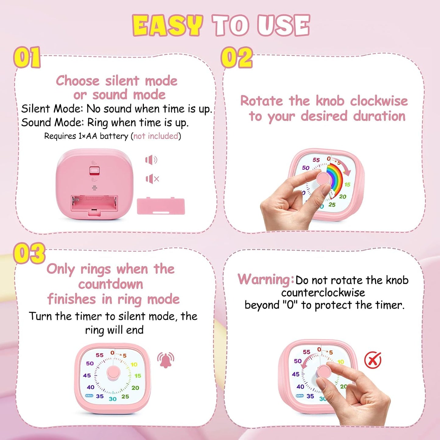 HIPPIH Visual Timer for Kids - 60 Minute Pomodoro Timers for Classroom Kitchen Office, Countdown Kids Timer Clock with Rainbow Disk, Desk Time Management Tool for Toddler with Silent Operation, Pink