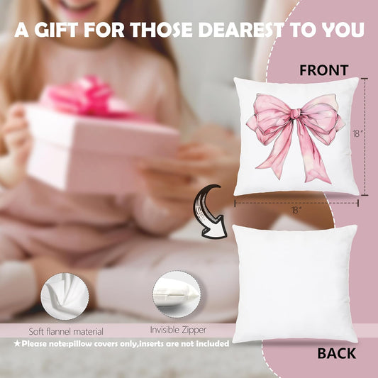 Pink Bow Coquette Pillow Covers 18x18, Pink Bow Coquette Preppy Room Decor, Girly Bedroom Decor