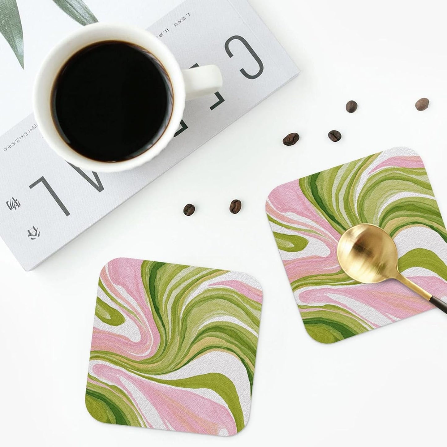 Watercolor Light Pink Green Swirl Marble Drinks Coasters Set of 4 Leather Drink Coasters for Tabletop Protection Heat Resistant Bar Cup Mat Pad