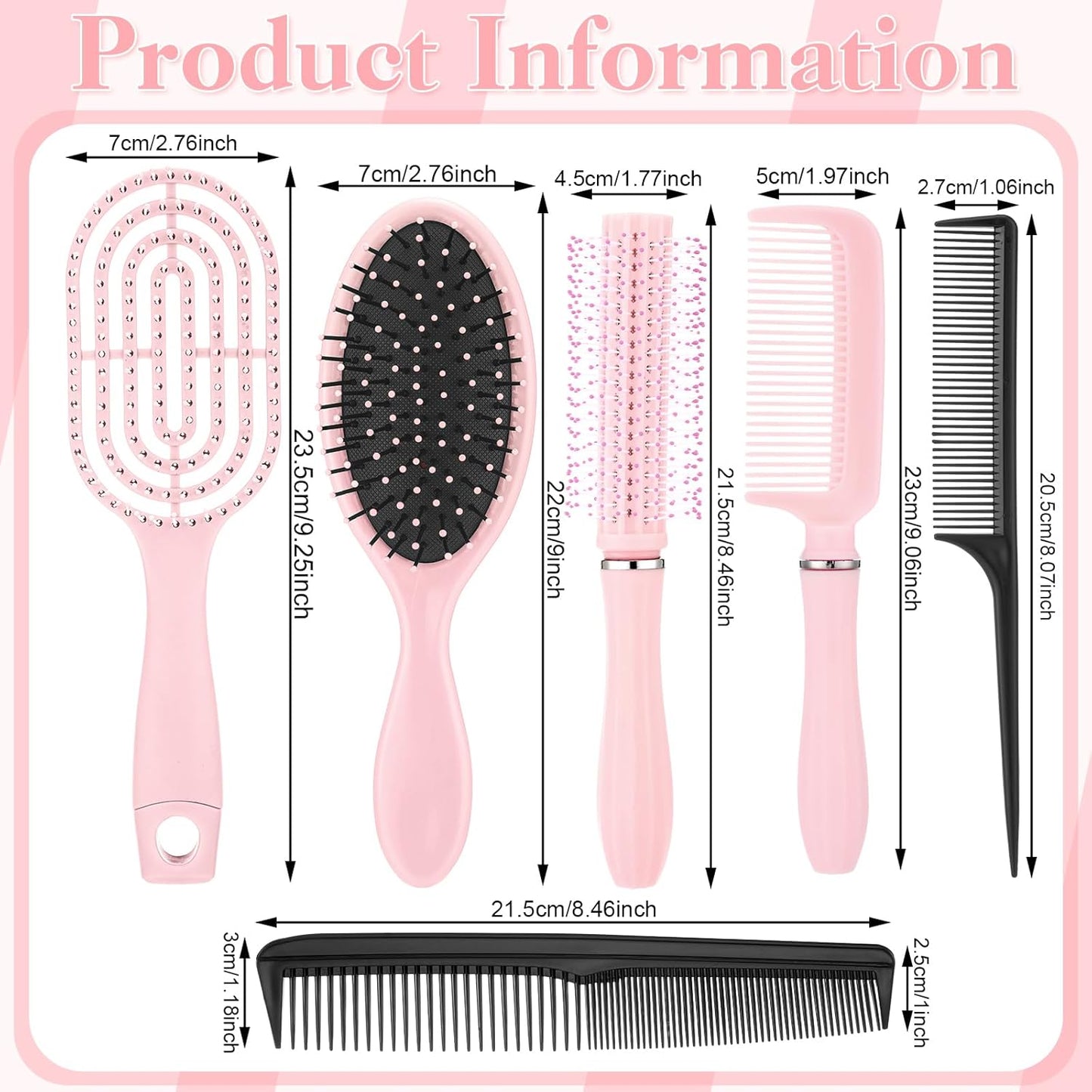 6 Pieces Detangling Styling Comb Set for Women and Men - Hair Brush for Straight, Curly, and All Hair Types(Pink)