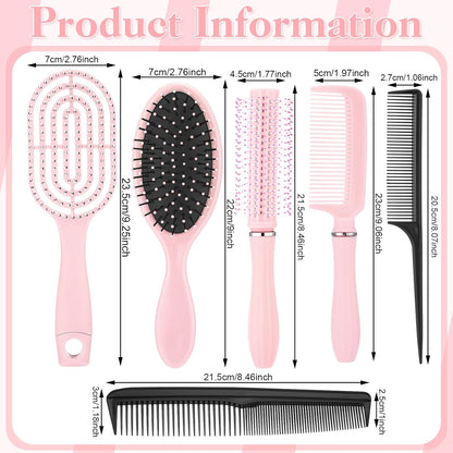 6 Pieces Detangling Styling Comb Set for Women and Men - Hair Brush for Straight, Curly, and All Hair Types(Pink)