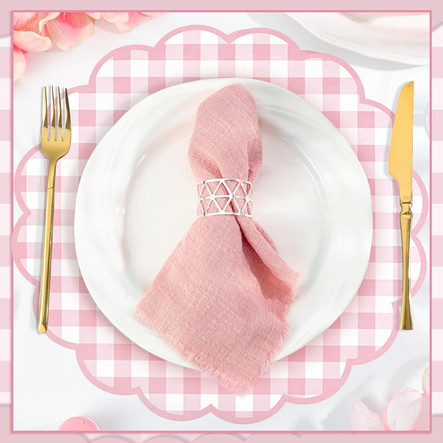 60 Pcs Pink and White Gingham Paper Placemat,13.5 Inch Scalloped Checkered Place Mats Disposable Table Placemats Decorative Paper for Anniversay Baby Shower Wedding Banquet Tea Party Picnic