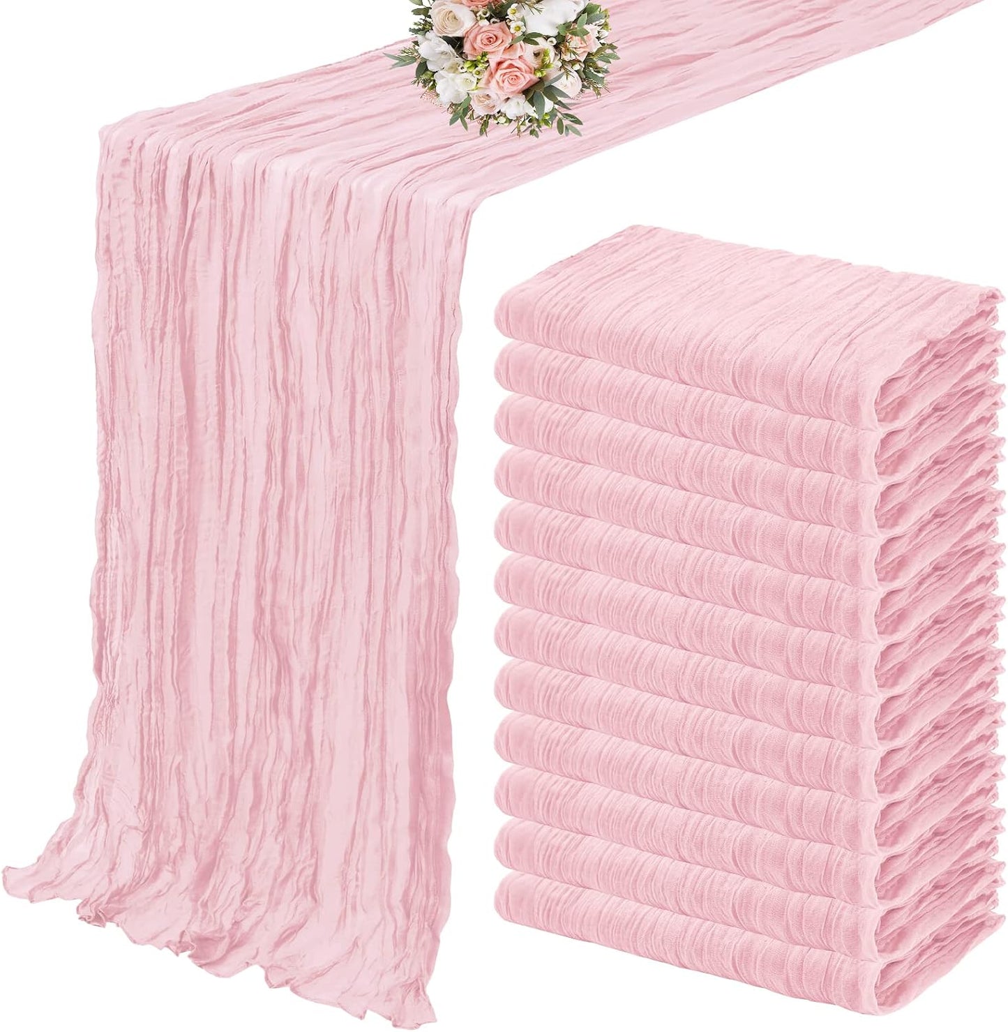 12 Pack Cheesecloth Table Runner 35 x 120 inch Long Boho Cheese Cloth Gauze Table Runners Semi Sheer Table Runner for Wedding Decor, Bridal Shower, Birthday Party (Light Pink)