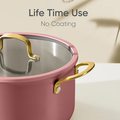 CAROTE 6QT Fully-Clad 3-Ply Stainless Steel Stockpot with Lid Small Kitchen Pot,Outer Ceramic Layer,Even Heating, Fits all stoves,Oven & Dishwasher Safe,Stay Cool Handle,Pink (PFAS/PFOA/PFOS Free)