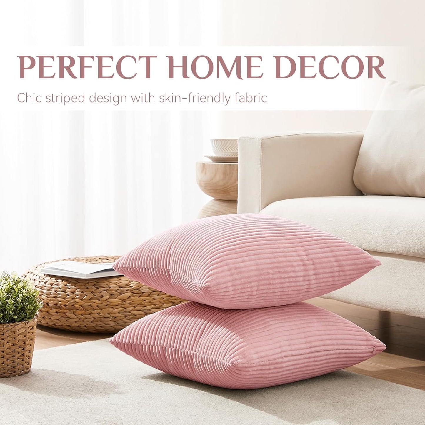 Softalker Decorative Throw Pillow Covers 18x18, Set of 2 Soft Corduroy Striped Boho Solid Pillow Cover, Modern Farmhouse Home Decor House Warming Gifts for Couch Sofa Bed Living Room, Light Pink