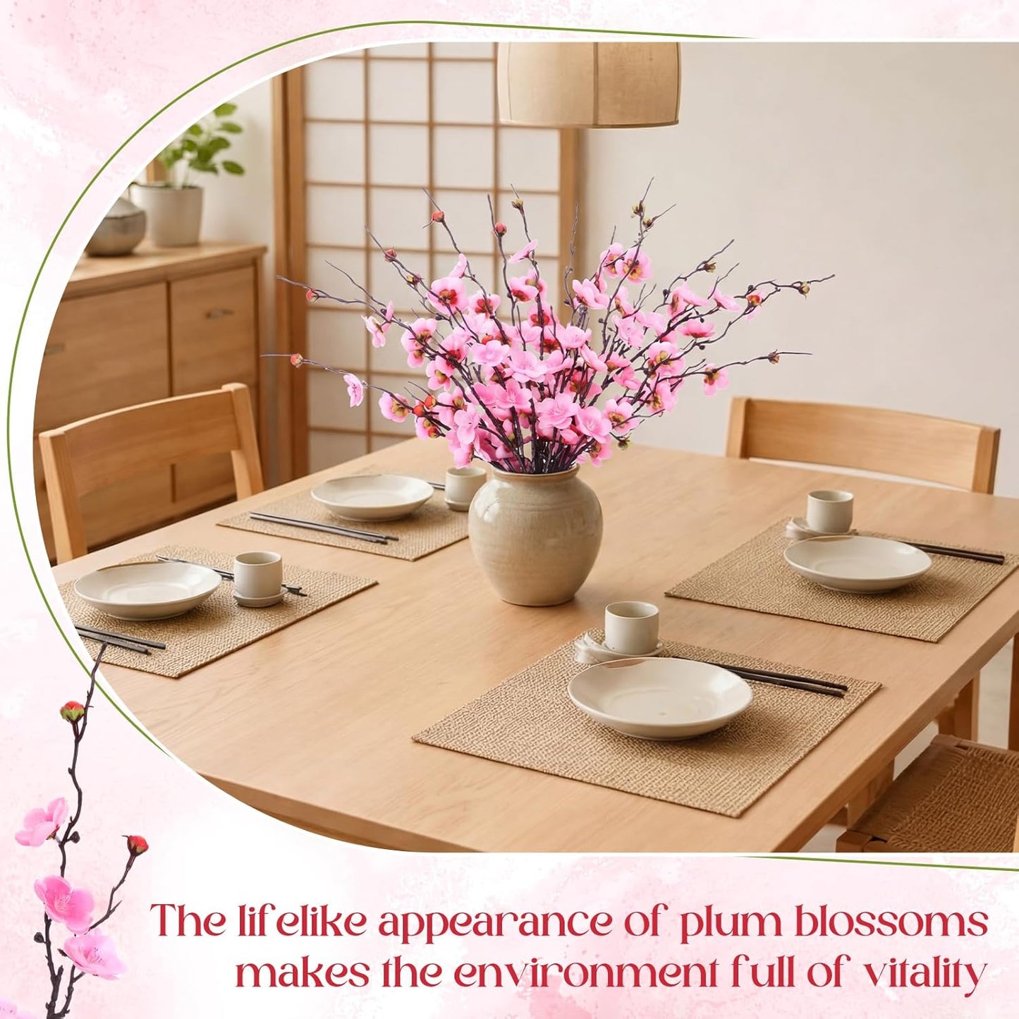 Suncalla 20 Pcs Artificial Cherry Blossom Flowers Pink Faux Cherry Blossom Stems Silk Simulation Plum Bouquet Branches 23.2'' Fake Flowers Long Stems for Vase Arrangements Home Wedding Table Decor