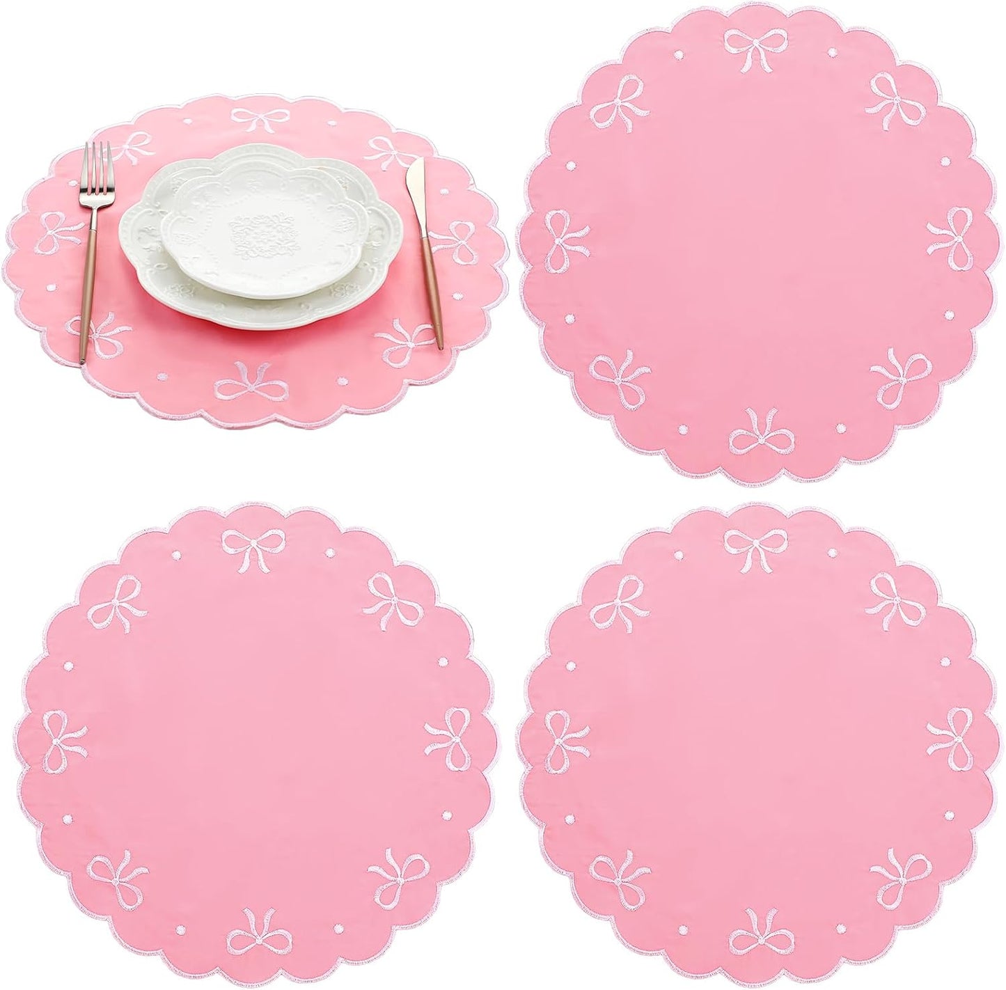 4 Pcs Pink Bow Placemats Coquette Embroidered Place Mats Pink Cotton Decorative Table Mats for Home Wedding Baby Shower Birthday Party Decor(Round Embroidered)