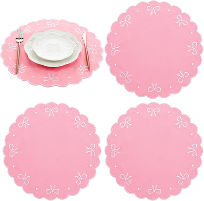 4 Pcs Pink Bow Placemats Coquette Embroidered Place Mats Pink Cotton Decorative Table Mats for Home Wedding Baby Shower Birthday Party Decor(Round Embroidered)