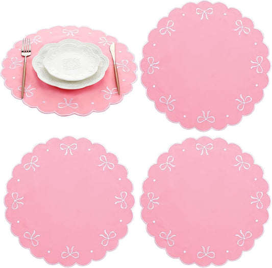 4 Pcs Pink Bow Placemats Coquette Embroidered Place Mats Pink Cotton Decorative Table Mats for Home Wedding Baby Shower Birthday Party Decor(Round Embroidered)