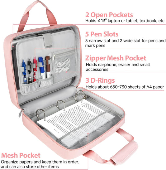 3 Ring Zipper Binder Bag, 3 Inch D-Ring 700 Sheet Capacity, Portable File Organizer with Removable Shoulder Strap & Multiple Pockets for School Office Travel Summer Study Back to School,Pink