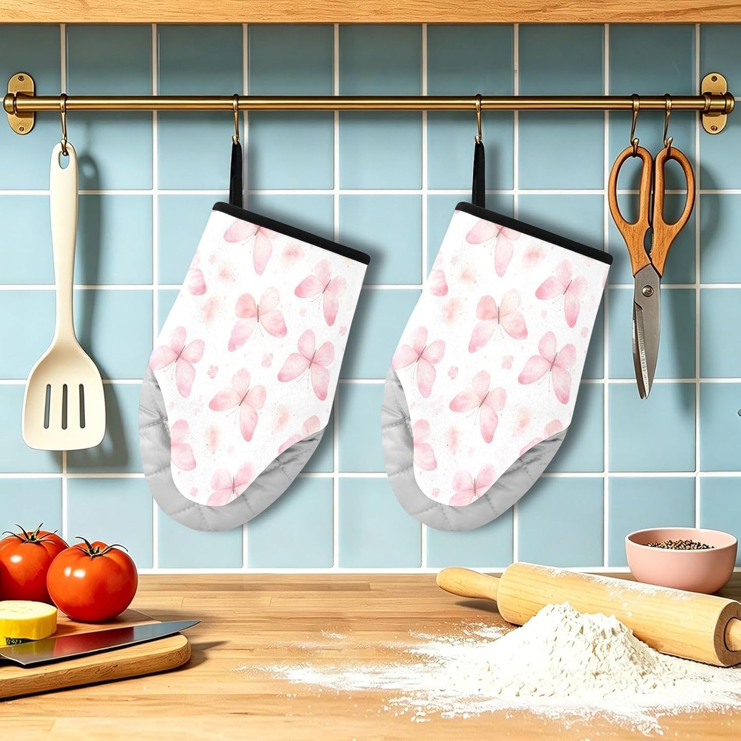 Watercolor Butterflies Pink Non-Slip Oven Mitts Set Heat Resistant Kitchen Gloves with Quilted Liner Cotton Machine Washable with Hanging Loop for Baking Grilling BBQ