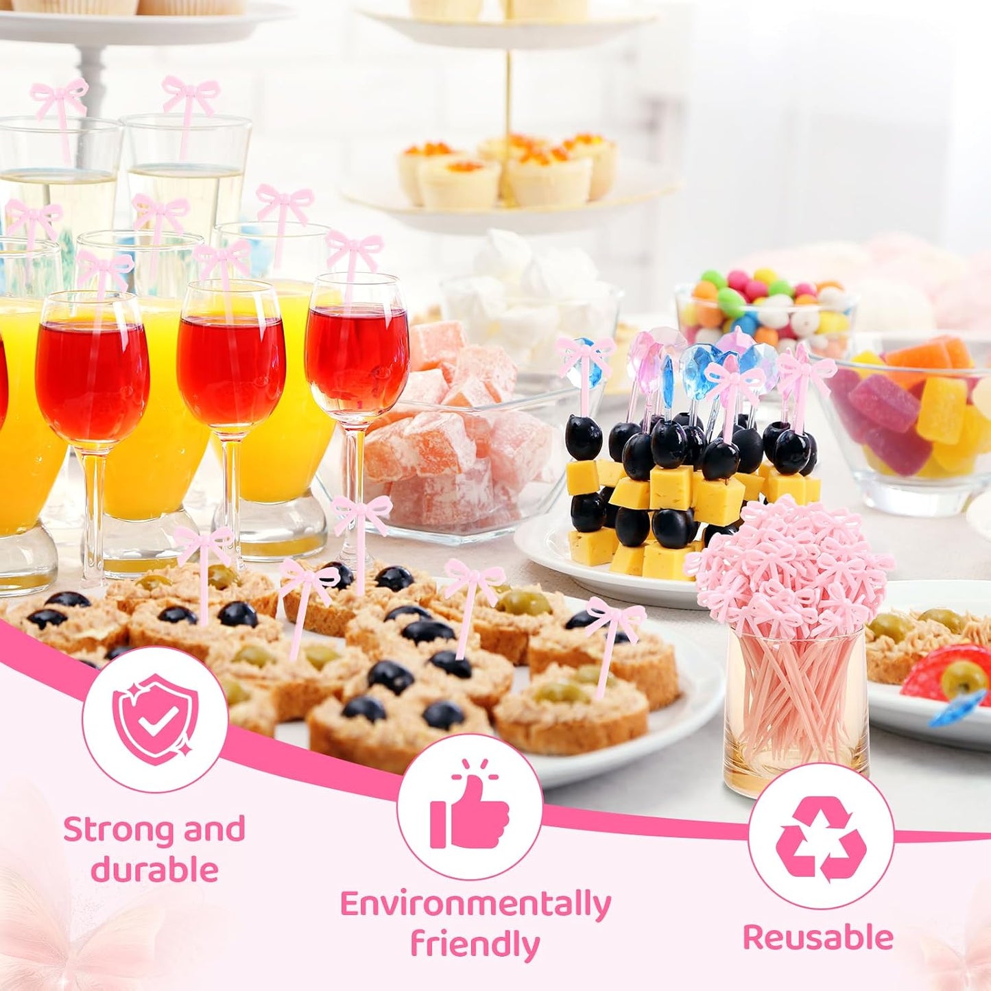 100Pcs Pink Toothpicks Plastic Bow Cocktail Picks Long Fruit Skewers Drink Stirrers Cupcake Toppers Fancy Toothpick for Appetizers Drinks Wedding Coquette Birthday Bow Party Decoration